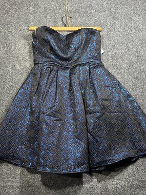 Sequin Hearts Dress Womens 7 Strapless Black Blue Metallic Boned Zip Lined NEW